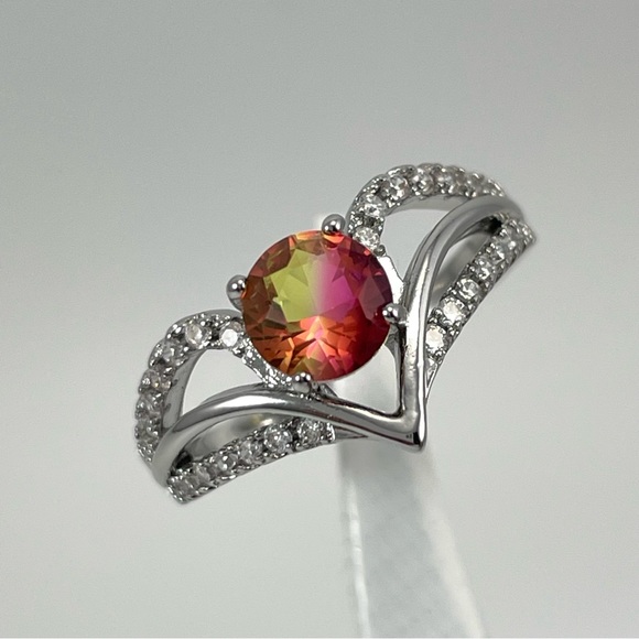 Pink and Yellow Tourmaline White Diamond CZ Round Cut Silver Plated Ring